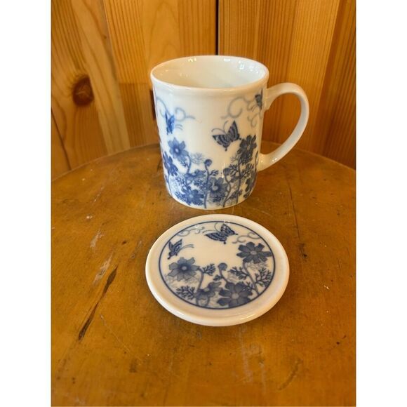 Vintage Windward Training Co Japan Blue & White Floral Coffee Cup Mug W/Cover Li - Picture 2 of 10